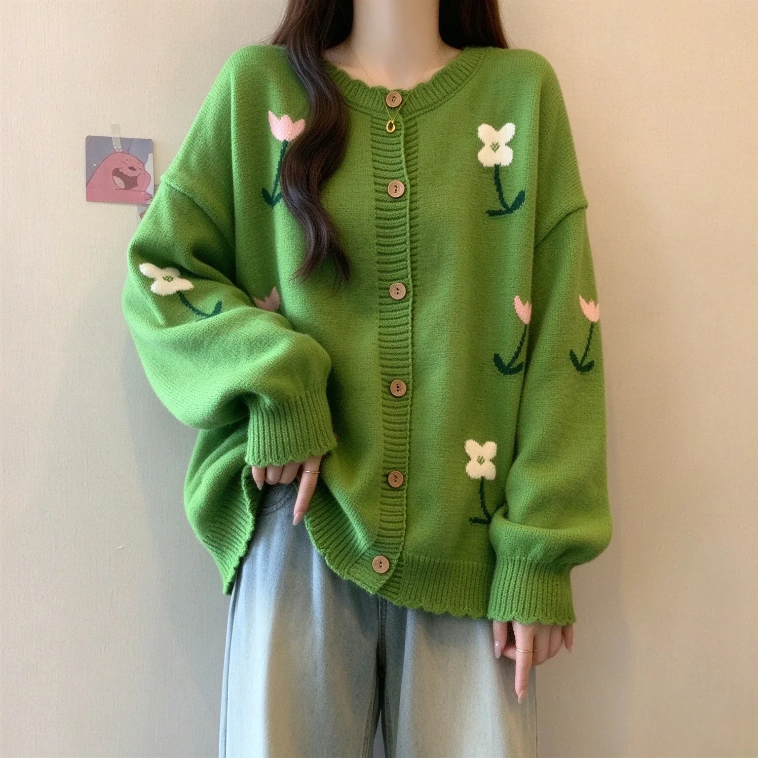 Lazy wind loose and versatile Embroidered Flower Knitted Cardigan 2026 autumn and winter new women's sweater jacket