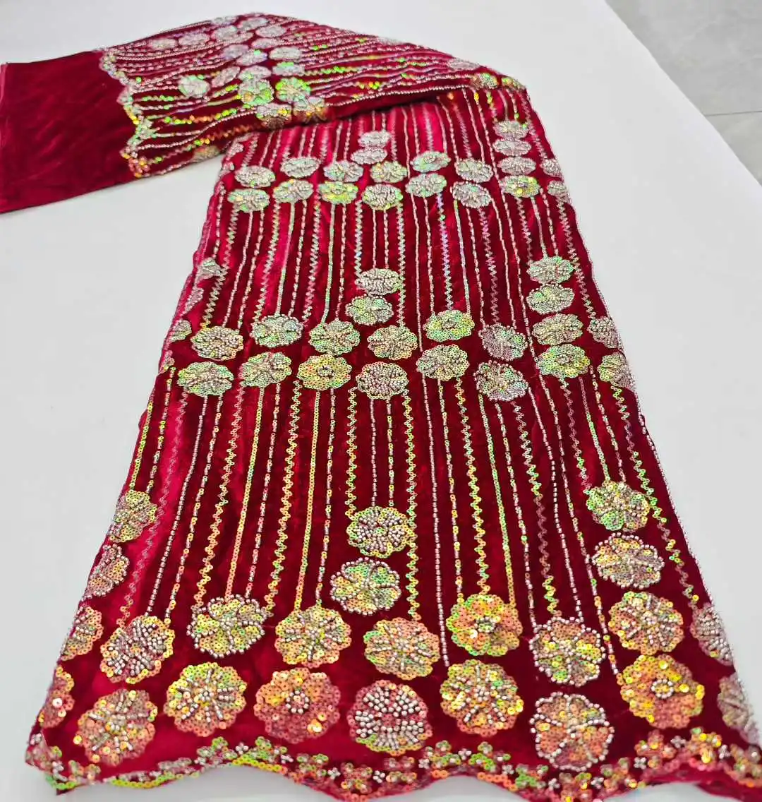 

Red African Velvet Beaded Sequins Lace Fabrics Beads Tulle Lace Fabric Embroidered Lace Fabrics For Sewing Dress