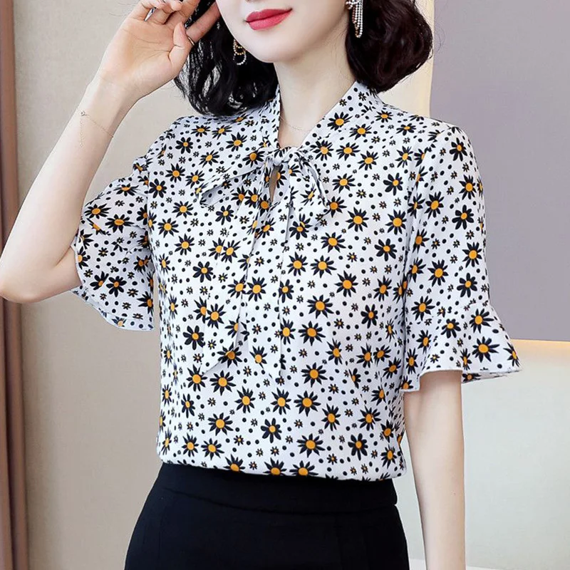 Vintage Printed Ruffles Lace Up Bow Chiffon Floral Blouse Women Clothing 2023 Summer New Casual Pullovers Flare Sleeve Shirt