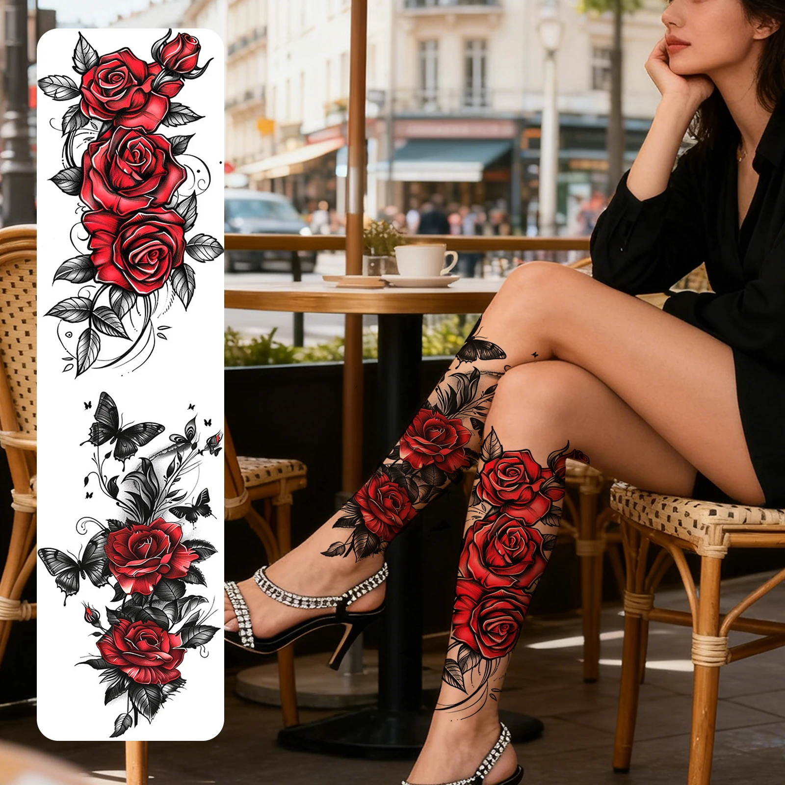 2 Sheets Red B Butterfly Rose Flower Temporary Tattoo Stickers, Waterproof Fake Tattoos, Cover Scars