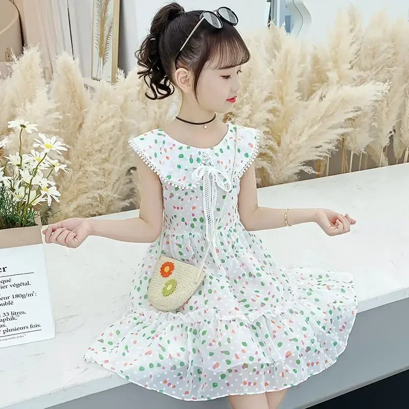 Girls Summer Dress Polka Dot Dress Girl Children\'s Chiffon Princess Dresses Western Style Kids Clothes Bow Lapel Dignified 7 New