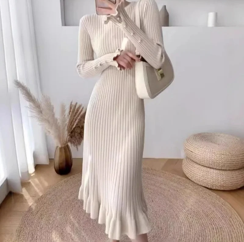 가을 겨울 니트 러플 랩 드레스 2025 신상 버튼 긴팔 캐주얼 시스 스웨터 드레스
