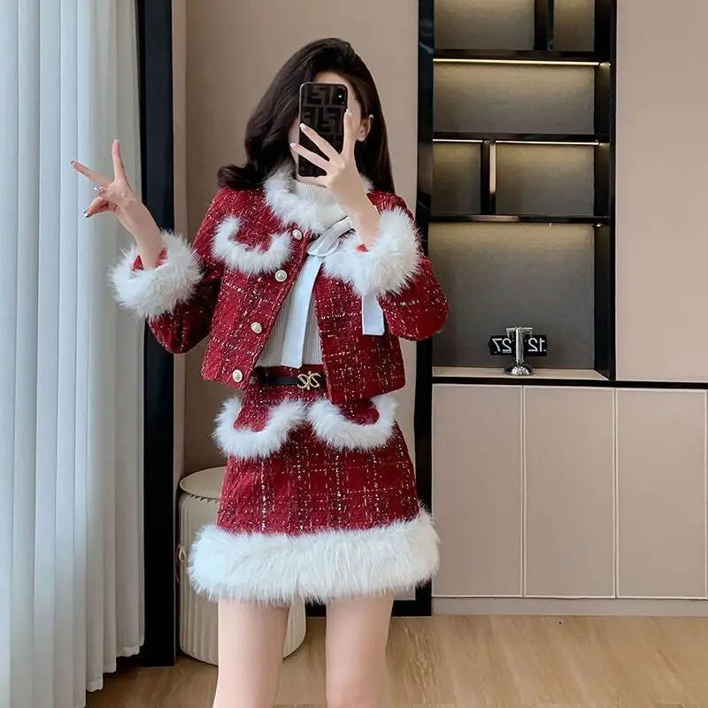 Set di due pezzi da donna di moda coreana rossa invernale Set giacca e gonna Set di abiti di tweed Set di abiti dimagranti femminili Eventi formali casual