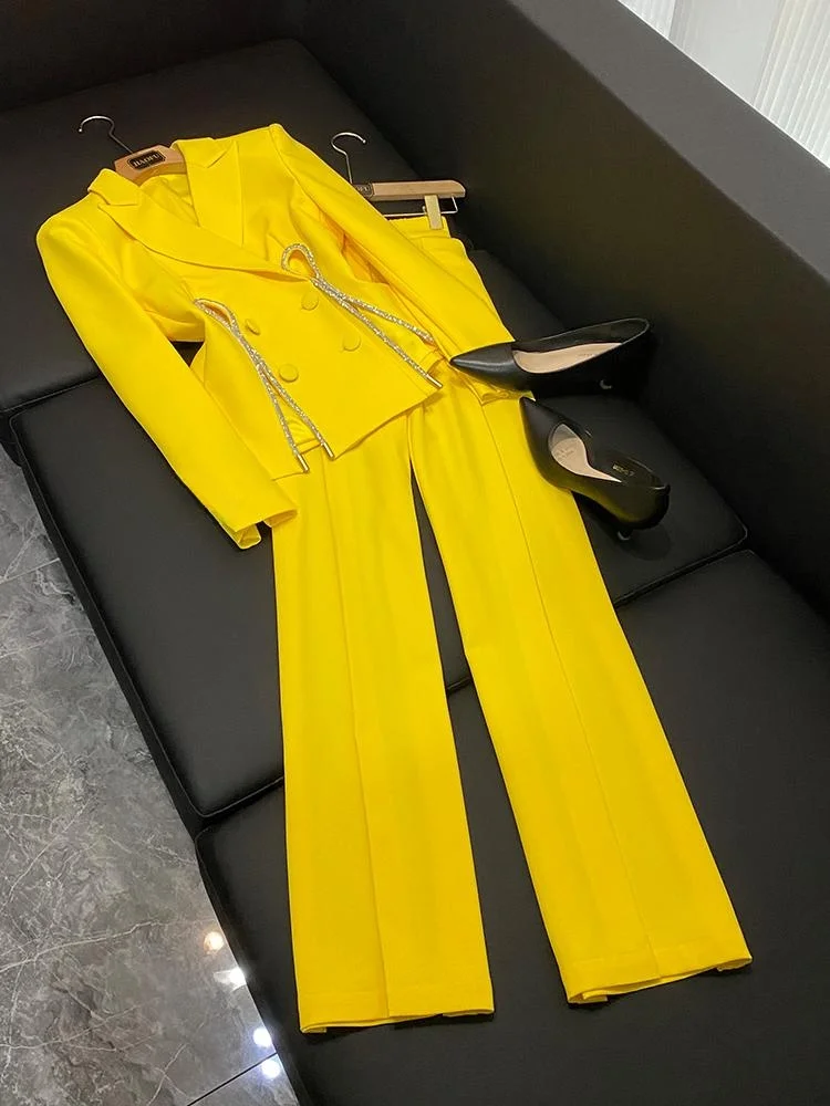 

Ярко-желтая звезда, новый модный брючный костюм с прямыми штанинами и бриллиантами, комплект из двух предметов для женщин, 25-35 лет...