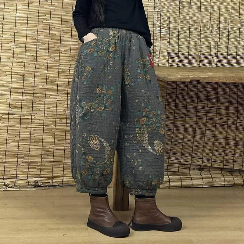 

Print Loose Thicken Cotton Lady Ankle-Length Pants Fashion Vintage Casual Lantern Trousers Winter Female Warm Radish Haren Pants