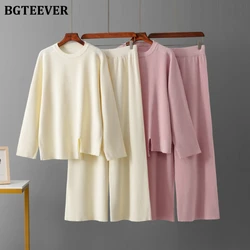 BGTEEVER Autumn Winter Fashion Loose Women Solid Knitted Sweater Outfits Long Sleeve O-neck Pullovers Tops & Wide Leg Trousers