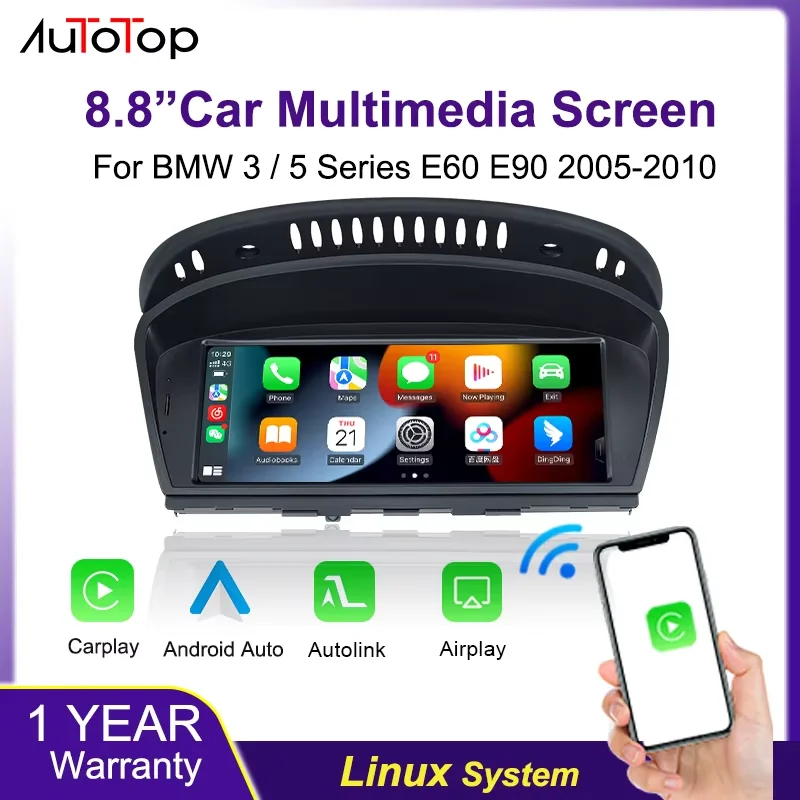 AUTOTOP 8,8-Zoll-Touchscreen-Autoradio für BMW 3er/5er-Serie E60 E61 E63 E64 E90 E91 CC/CIC-System (2005-2010) Auto-Multimedia-Bildschirm Linux-System-Player Kabelloses Carplay Android Auto Airplay