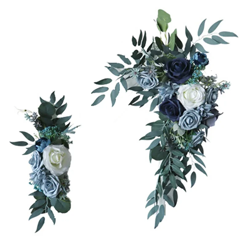 2pcs/set Blue Wedding Arch Backdrop Decor Welcome Sign Artificial Rose Corner Flowers Wall Hanging Flower Row Arrangement Party