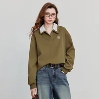 TOYOUTH Women Sweatshirt 2025 Autumn New Green Velvet Embroidery Contrasting Color Splicing Double Layer Collar Pullover Hoodies - Image 2