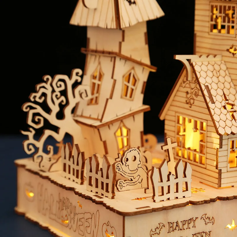 3D Wooden Puzzle Halloween Haunted House Ghost Tree Light DIY Building Model Kit Craft Desk Decoration Toys For Kids Gift