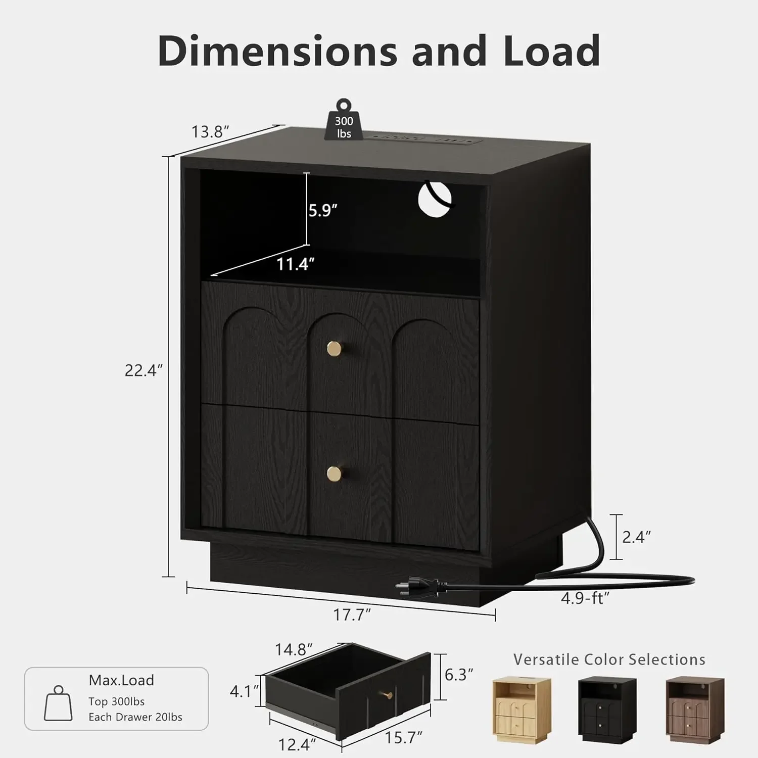 Black Minimalist Arched Nightstand End Table With Charging Station Wood Grain Texture For Bedroom Living Room Sofa Office