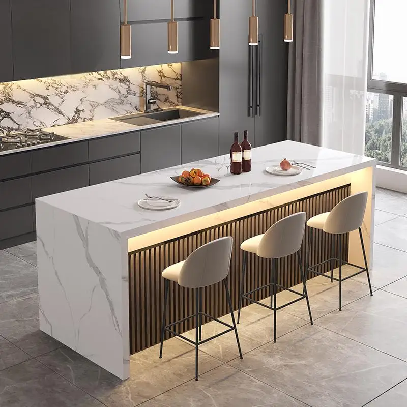 Marble Kitchen Island Dining Table with Tea Bar Countertop, Custom Kitchen Peninsula Breakfast Bar for Open Concept Modern Home