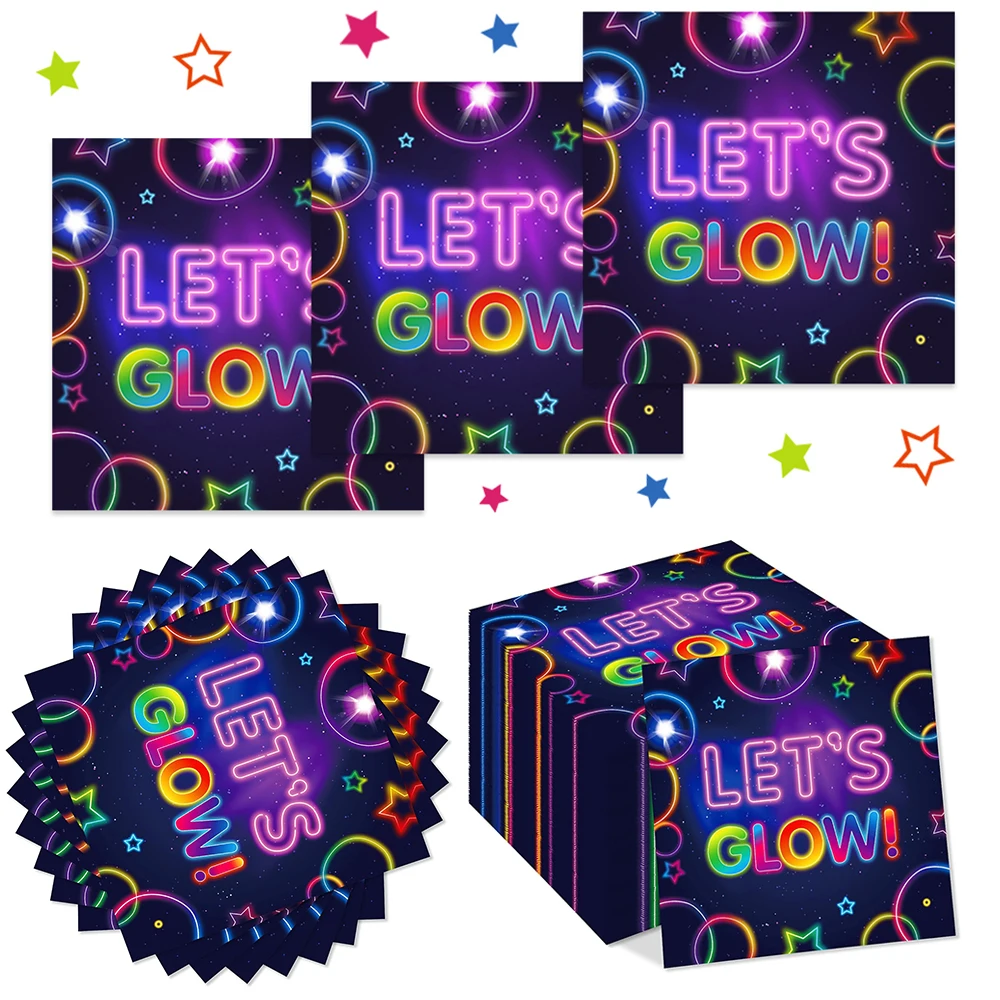 20PCS Glow Party Napkins Neon Pattern Paper Napkins Lets Glow In The Dark Birthday Wedding Night Club Decor Disposable Supplies