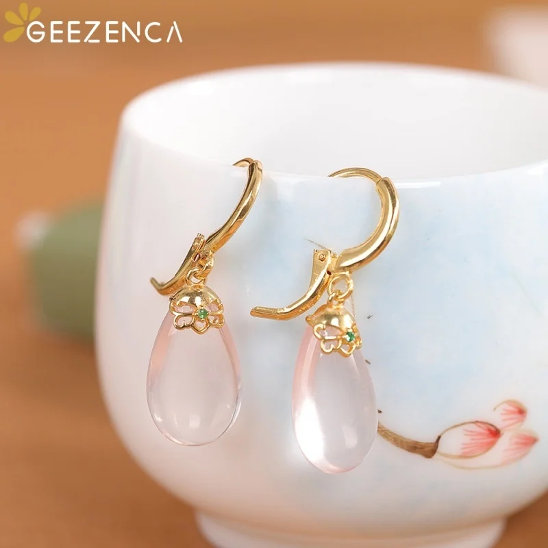 GEEZENCA Big Rose Quartz Teardrop Pendant S925 Silver Gold Plated Hoop Earrings Women Simple Trendy Dainty Dangling Earring Gift