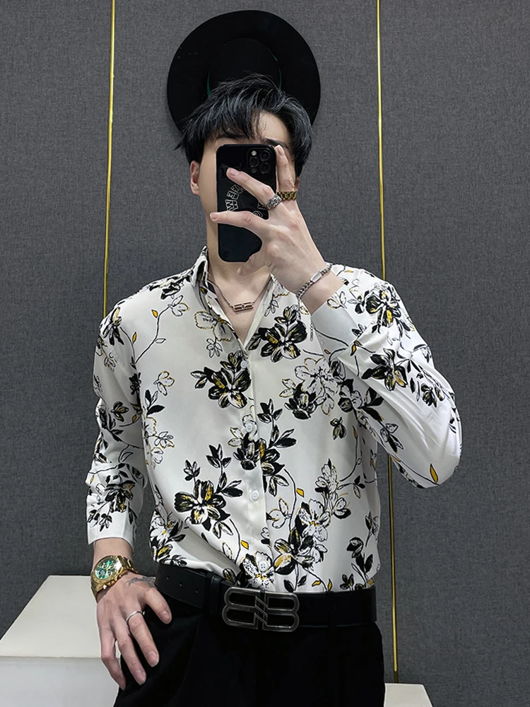 

Summer Men's Long Sleeve Floral Shirt Thin Print Casual Anti-Wrinkle Easy Care Polyester Fiber Youth Popular Loose Fit Shirt
