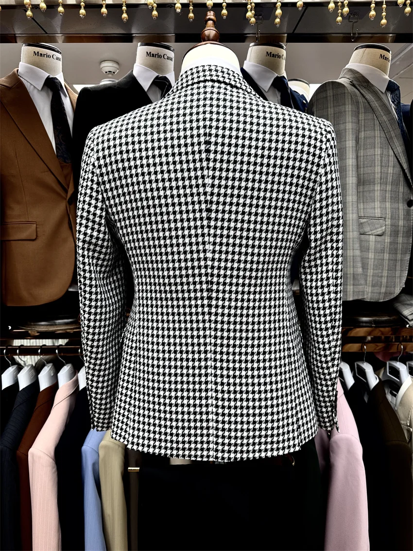 Slim Fit Plaid Men Suits for Prom Check Houndstooth Male Suit Set Jacket with Pants Vest 3 Pieces Wedding Tuxedo XS-3XL