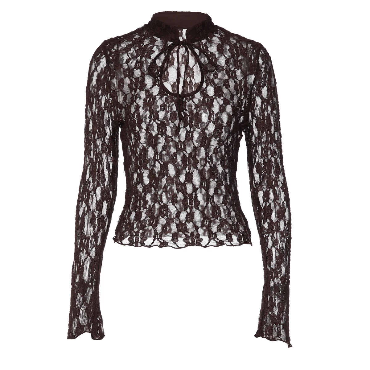 Hugcitar Spitze, schwarzes, langärmeliges, durchsichtiges, sexy Crop-T-Shirt, Herbstmode für Damen, Party- und Nachtclub-Tops – Detail 10
