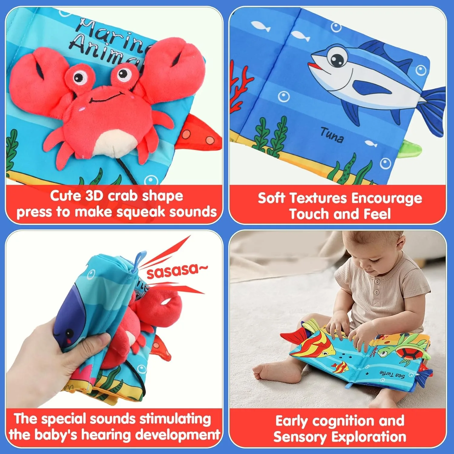 Livros macios para bebês, livro de pano crinkle, caudas de animais marinhos para bebês, desenvolvimento inicial, carrinho interativo, brinquedos macios