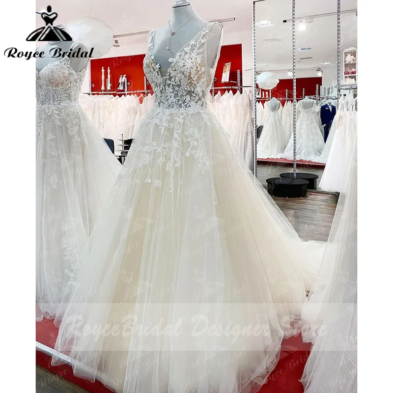 Robe de mariée coupe trapèze, Vintage, Champagne, col en V, avec des Appliques en dentelle, dos nu, débardeur Court