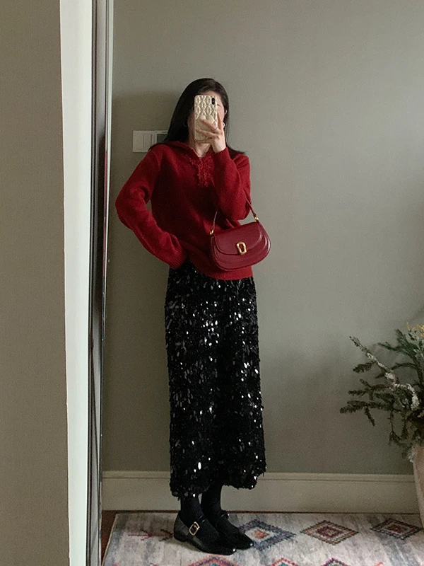 

Ele Downplayed Heavy Work Sequin f Skirt Straight One Step Skirt Polyester Fiber Pure Color a Line Skirt for Ladies