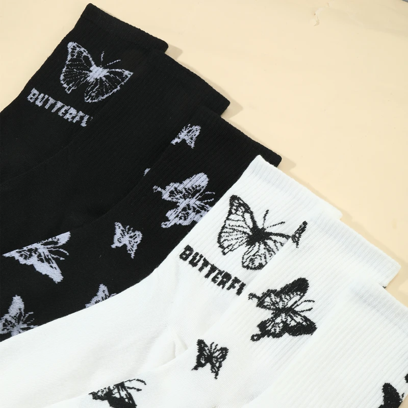 6 Pairs/Lot Women's Butterfly Pattern Fashion Crew Socks Combed Cotton Thin Breathable Soft Street Tide Socks Fit EU36-39