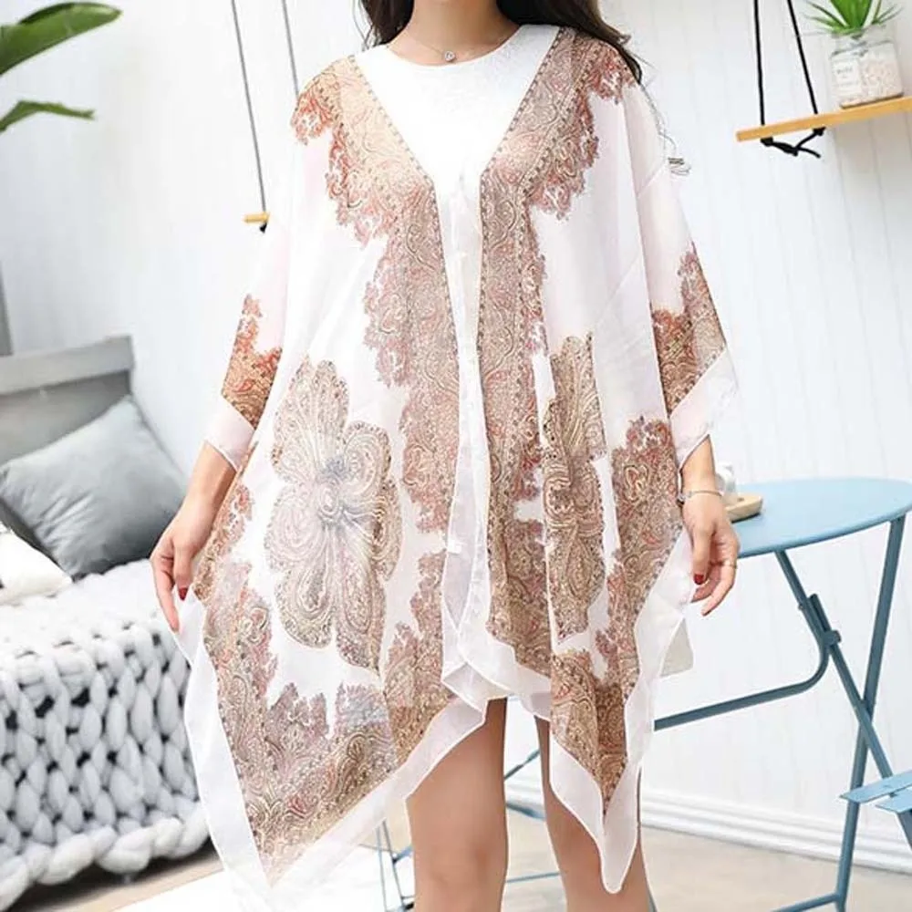 

Breathable Big Printed Flower Shawl Long with Buckle Sunscreen Thin Large Scarf Polyester Lightweight Seaside Vacation Cloak