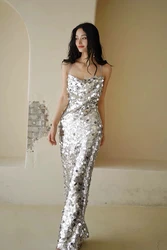 Silver Celebrity Dresses Ribbon Mermaid Shiny Sequins Sexy Backless Red Carpet Anniverasry Meeting Cocktail Party Evening Gowns