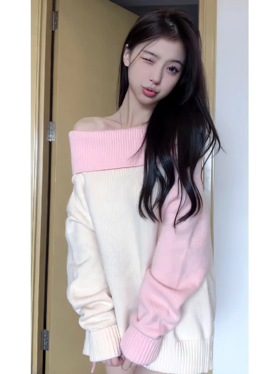 

Soft Cozy One-oulder Knitted Sweater Mild Color Blo Design Gentle Top for Women Daily Wear round Ne Regular Length