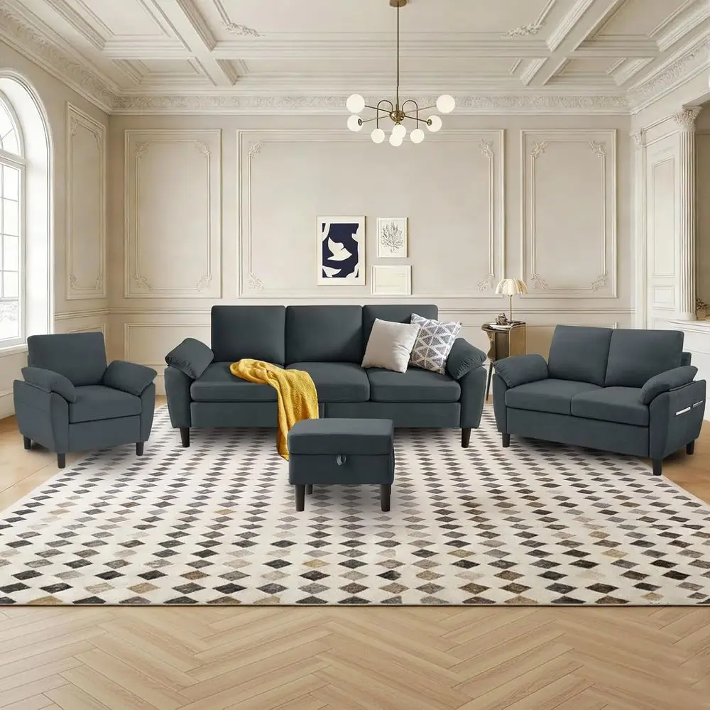 

4-Piece Living Room Sectional Sofa Set with 3-Seat Sofa, Ottoman, Loveseat, and Accent Chair in Grey
