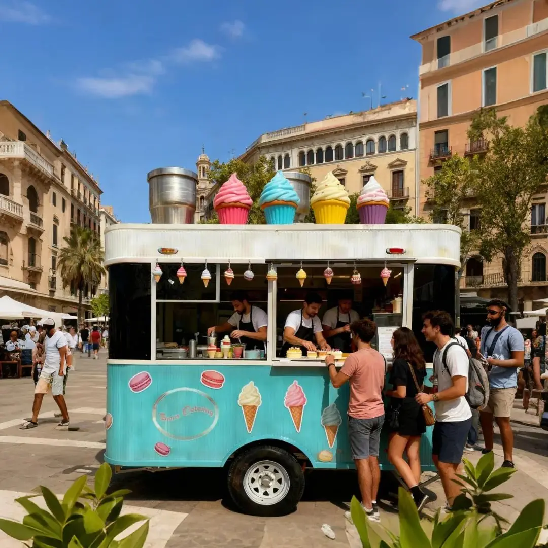 مقطورة طعام خارجية، جسم رئيسي، أزرق وأبيض، تصميم خارجي على الطراز الأمريكي القديم، حامل مطبخ متنقل