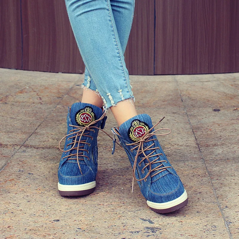 2026 New 9cm Spring And Autumn Height Increasing Denim Booties Women Fashion Lace Up High Heels Shoes Fashion Boots Lady Shoes view 2