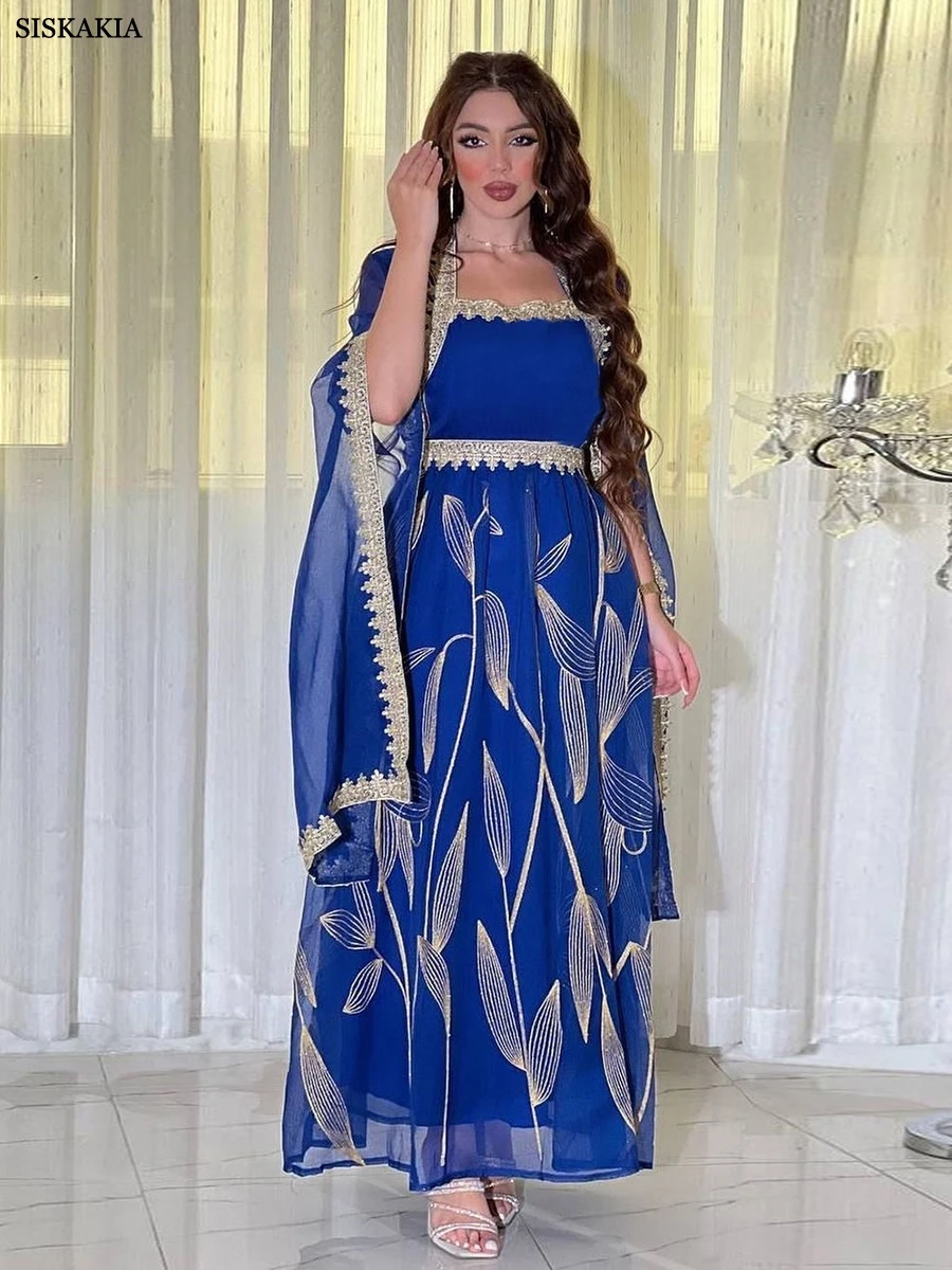

Siskakia Abaya Дубай роскошный марокканский Caftan модное вечерние платье Африкано шикарное Золотое Тиснение сетка пояс мусульманский залив платье