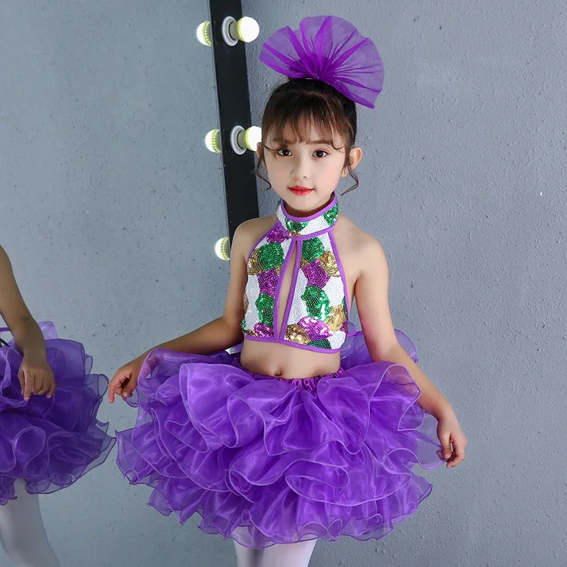 طقم تنورة قصيرة من الترتر اللامع بدون أكمام وشراشيب للفتيات ، باليه جاز حديث ، زي رقص لاتيني ، زي للأطفال ، 3 *