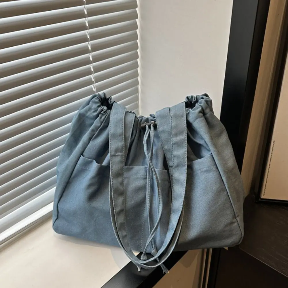 

Simple Large Capacity Oxford Drawstring Shoulder Bag Casual Leisure Denim Tote Bag All-match Cowboy Canvas Bucket Bag Outdoor