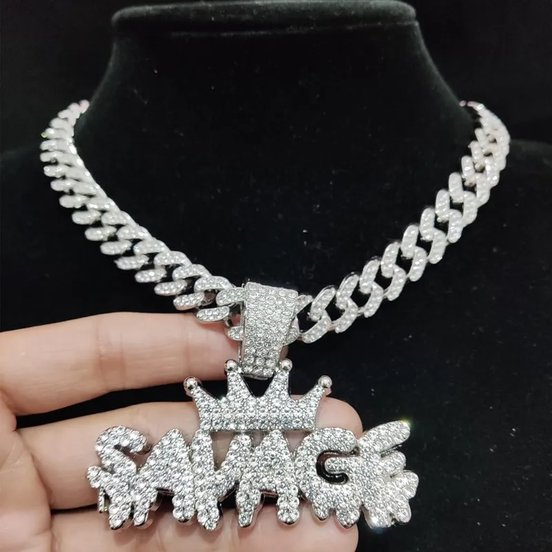 Men Women Hip Hop Crown with SAVAGE Pendant Necklace Crystal Cuban Chain Iced Out Bling Hiphop Necklaces Fashion Jewelry