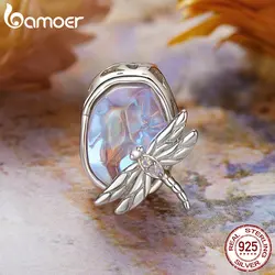 Bamoer 925 Sterling Silver Original Dragonfly Charm Glass Beads White Gold DIYFor Women Fit Bracelet&Necklace Fine Jewelry DIY