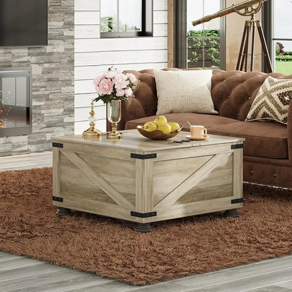 

armhouse Coee Table with Storage, Square Coee Table with lip-Top Lids, Center Table or Living Room, Bedroom, Home Oice, Grey Oak