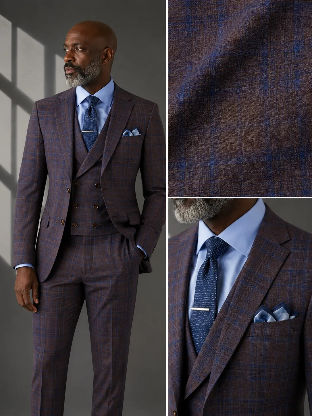 Retro Formal Men Suit Fashion Line Plaid Peaked Lapel Two Button 3 Piece Business Wear Customized Slim Fit Jacket Pants Suits
