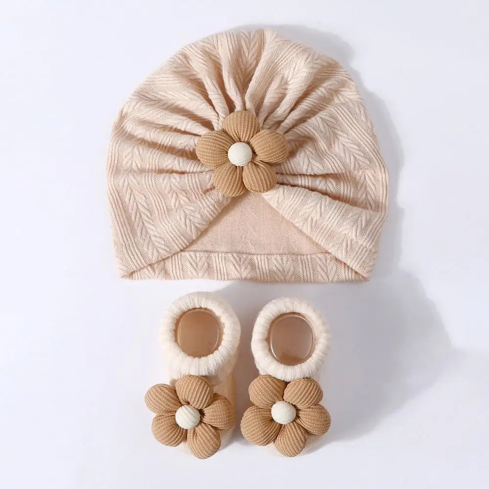 Bonito flor infantil turbante chapéu meias conjunto de algodão macio elástico lenço chapéu respirável leve chapéu meia conjunto recém-nascido suprimentos