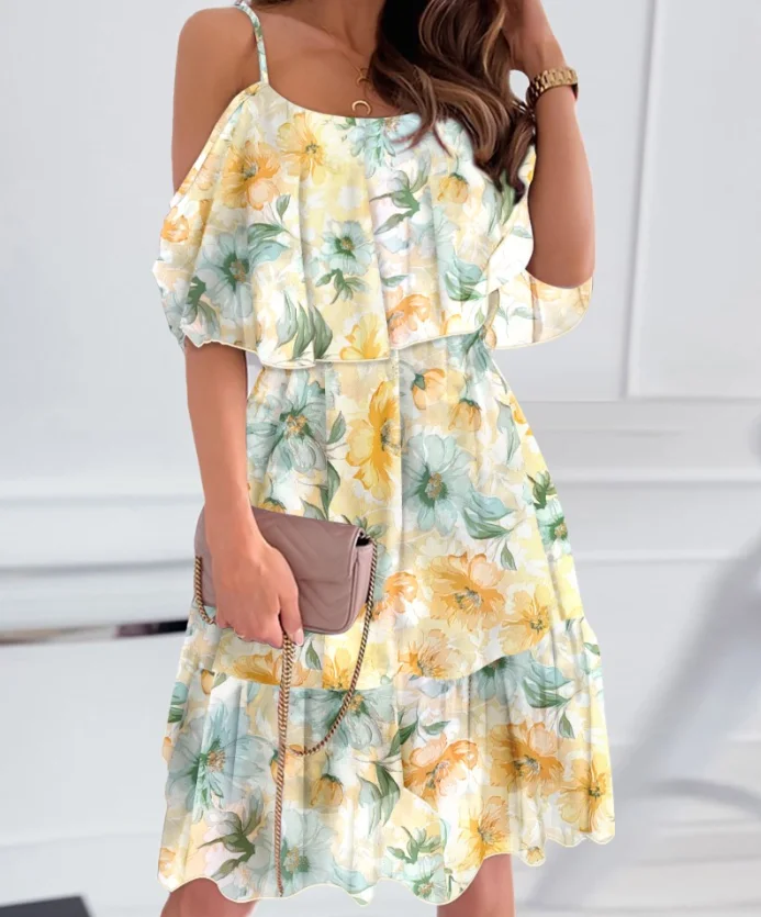 

Women Dresses Summer New Fashion Female Floral Print Cold Shoulder Short Sleeve Dress Women's Daily Casual Midi Ruffles Dress