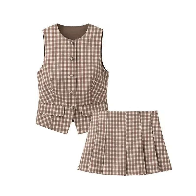 Herbst Neue Mode Einfaches Kariertes Slim-Fit Weste-Top und Culottes Set