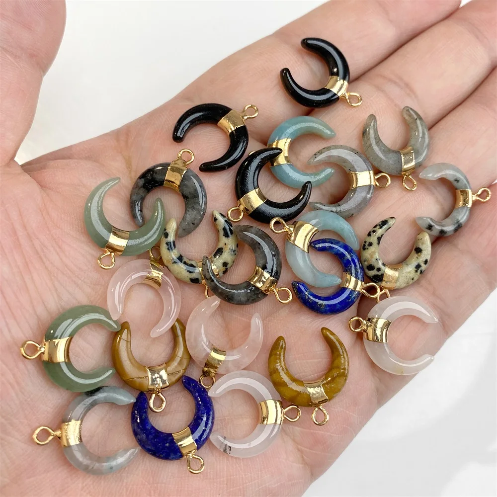 3PCS/lot Natuarl Moon Shape Gems Stone Pendant 16x15mm Labradorite Lapis Lazuli Jade Charms For Jewelry Making Necklace Earrings