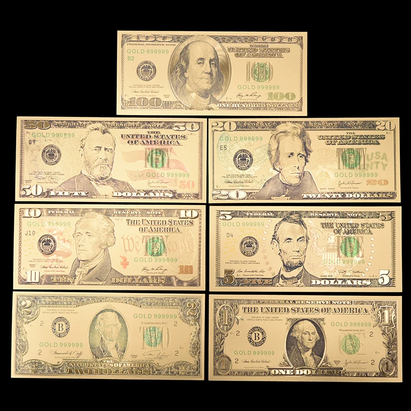 JETTING 7Pcs Gold Foil Banknote America US Fake Banknotes All Dollar Banknotes Paper Money Collection for Home Decoration Gift