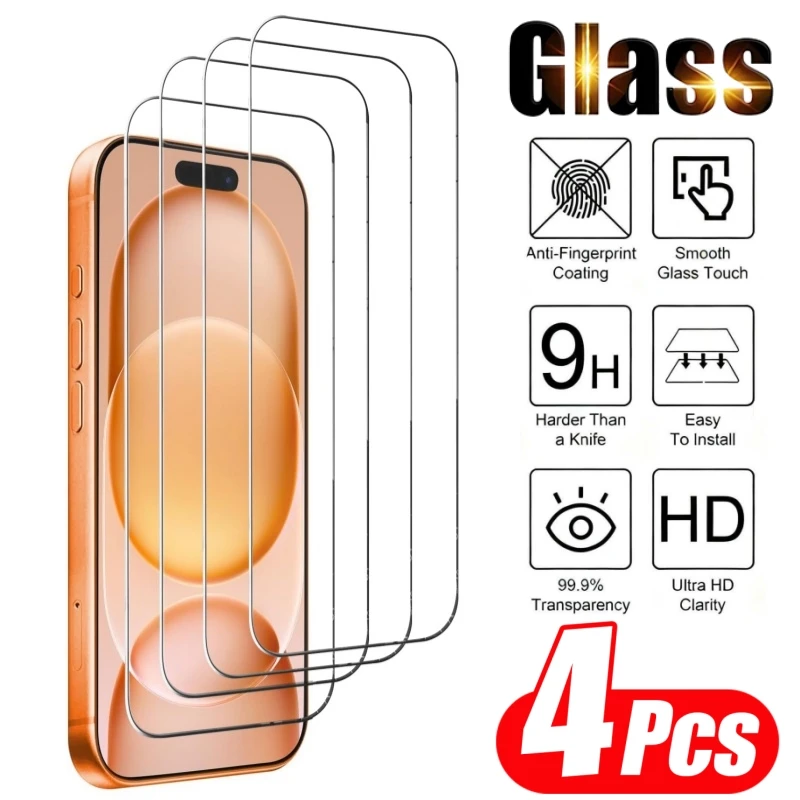 4 Stück HD Gehärtetes Glas Displayschutzfolie für iPhone 11 12 13 14 15 16 17 Pro Max 14 15 16 Plus Air 16e 17e Glasschutzfolie