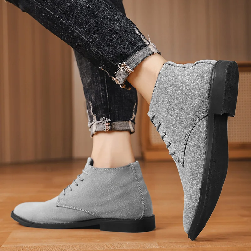 Casual shoes man Fashion Men Ankle Chelsea Boots lace up Male Shoes mid top Suede Leather Slip On Motorcycle Man Boots