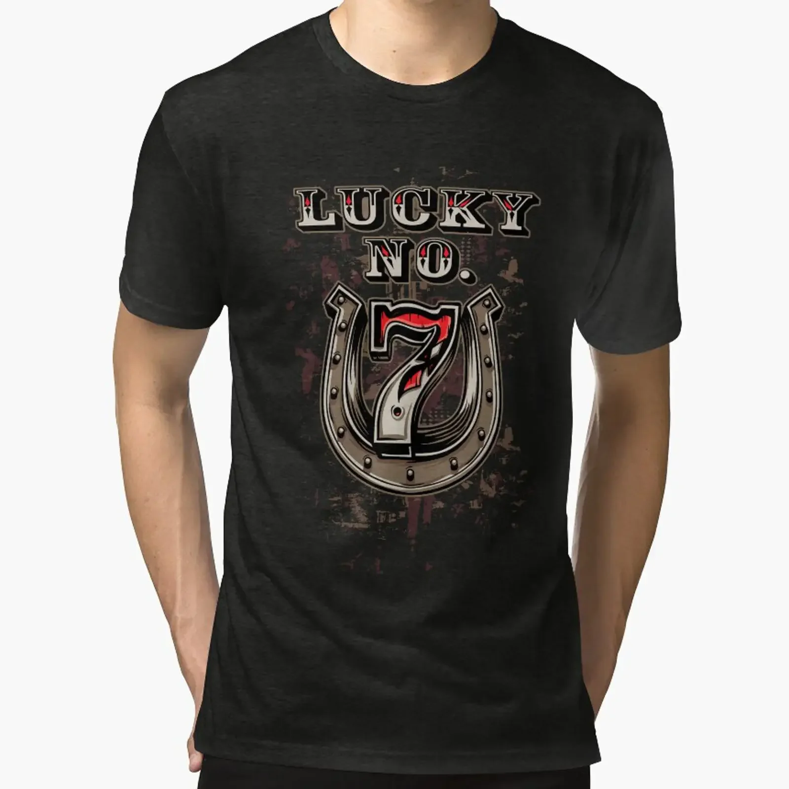 LUCKY NUMBER Tri blend T Shirt vintage Washed homme Versatile streetwear Stretched Slightly graphic Breathable Unisex Casual
