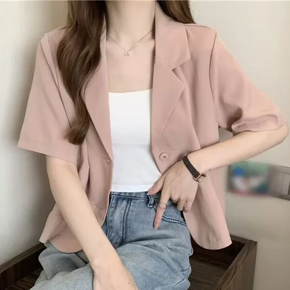 Summer Blazers Women Simple Leisure Loose Korean Style Youth Single Breasted Loose Thin Short-sleeved Suit Fashion Simple Ladies