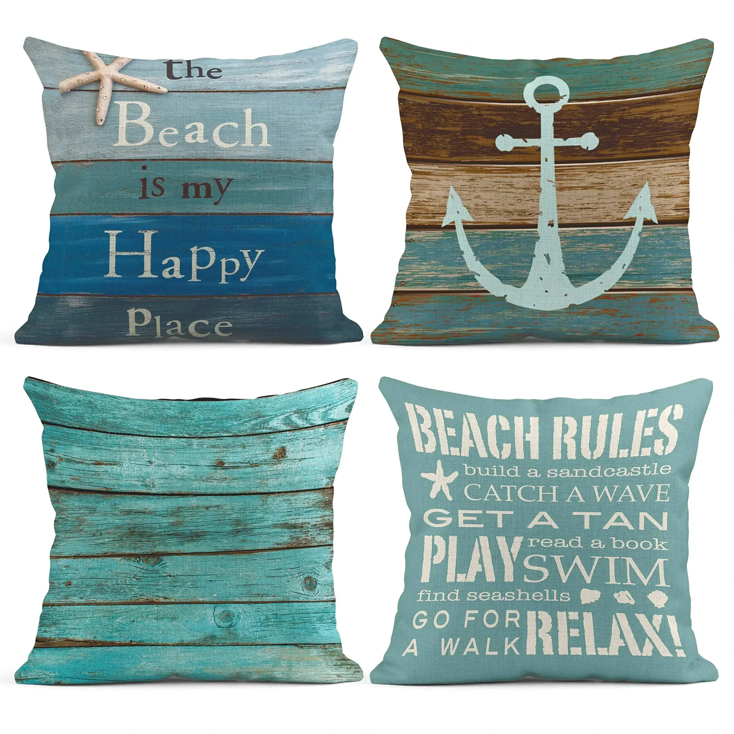 Wooden Anchor Cyan Linen Pillowcase 40*40 Living Room Sofa Cushion Cover 60*60 Home Decoration Pillowcase 50*50 Customizable