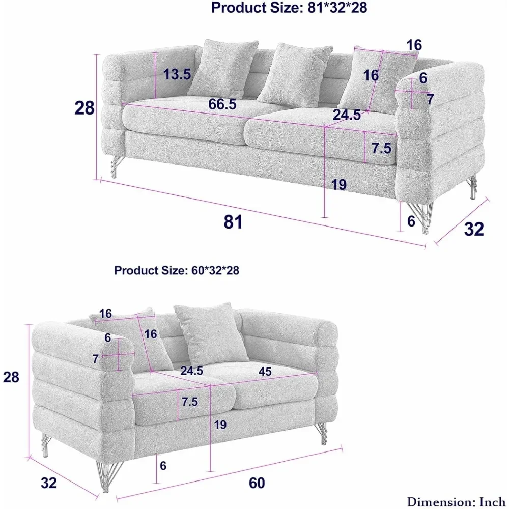 2 Piece Living Room Sofa Set, Comfy Boucle Couch with Loveseat and 3 Seater, Upholstered Sofa Couch with 2 Pillows