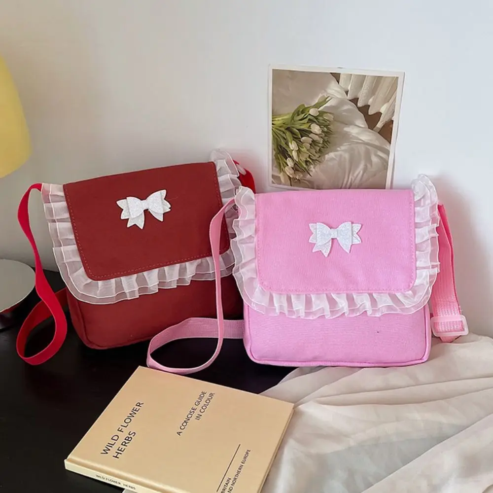 

Casual Canvas Side Backpack Lace Large Capacity Shoulder Bags Bow Decoration Messenger Bag Daily Use